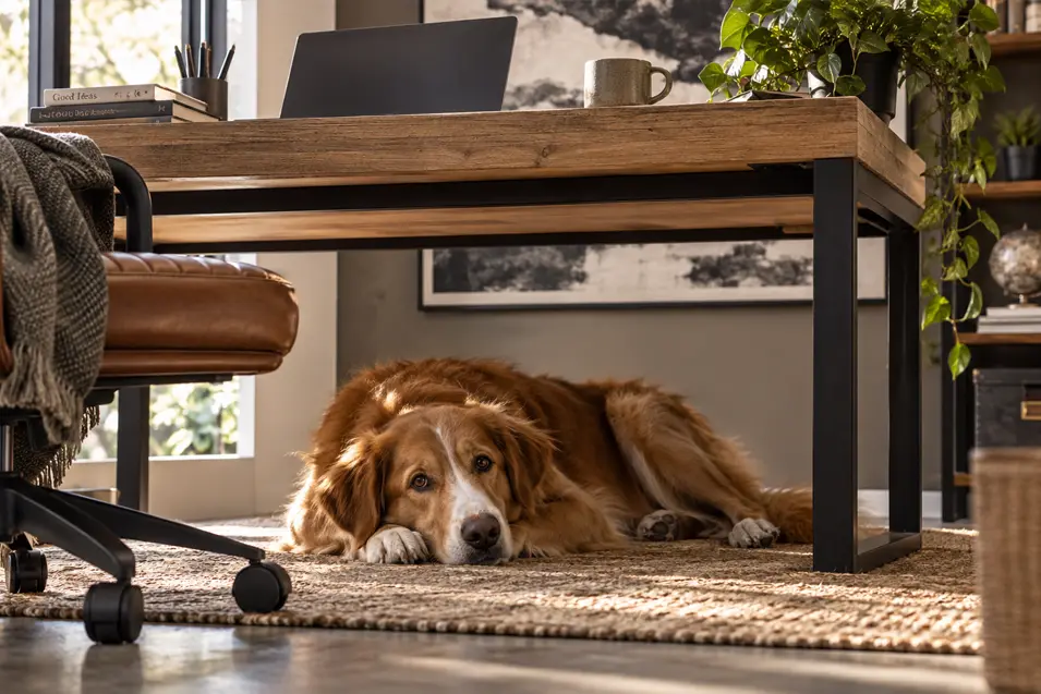 A relaxed dog rests beneath a modern wood desk in a warm, stylish home office filled with natural light, plants and contemporary art.