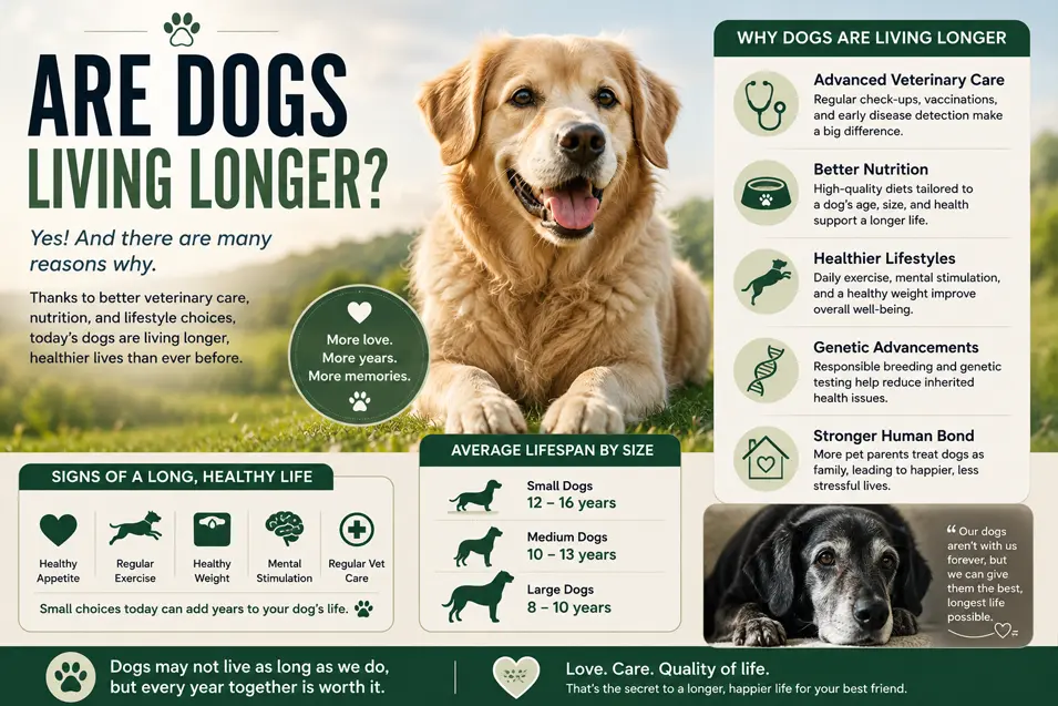 Infographic explaining why dogs are living longer, covering better veterinary care, nutrition, exercise, genetics and tips for a healthier, longer life.