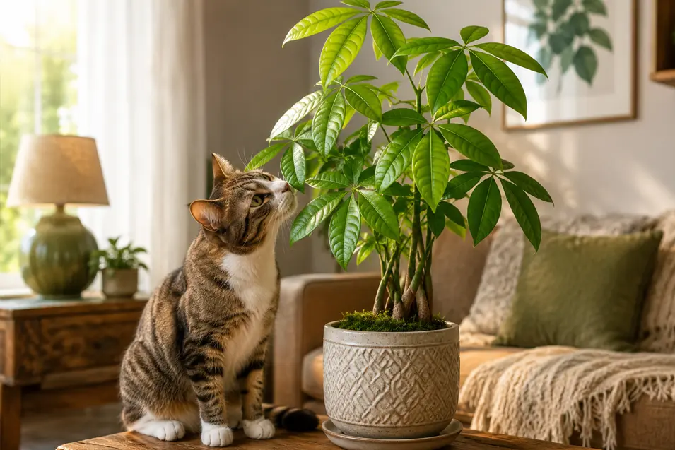 Curious tabby cat sniffs a lush money tree in a warm, stylish living room filled with natural light and cozy décor.