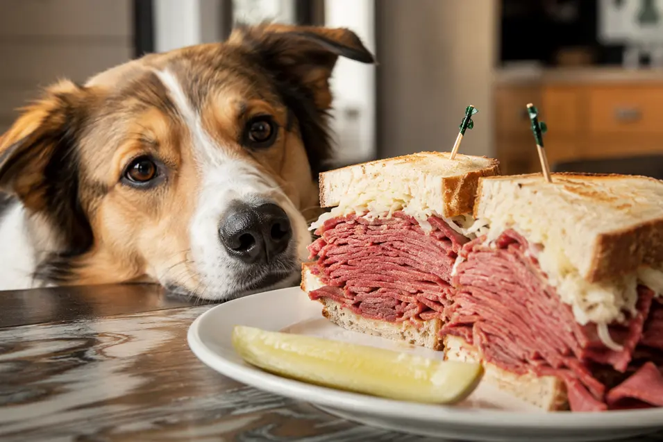 A hopeful dog gazes longingly at a towering corned beef sandwich with pickle on the side, patiently waiting for a tasty bite.