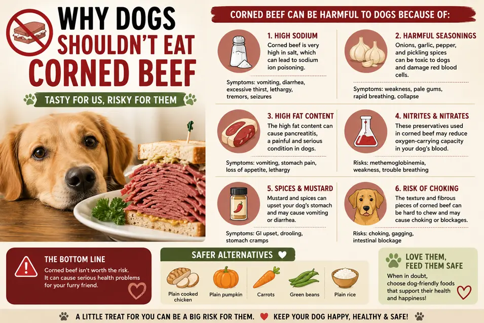 Dogs shouldn't eat corned beef: it's high in salt and fat, may contain toxic seasonings, and can cause digestive or choking risks.
