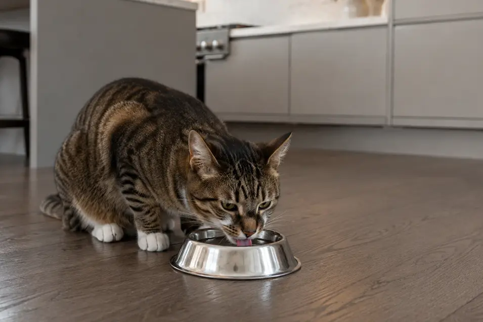 Tabby cat drinking from a stainless steel bowl on the floor of a sleek, modern luxury kitchen with wood flooring.