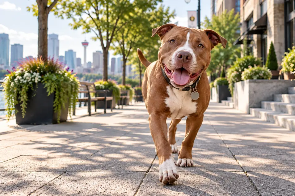 A happy Pit Bull walks along a sunny urban riverside path with the city skyline in the background.