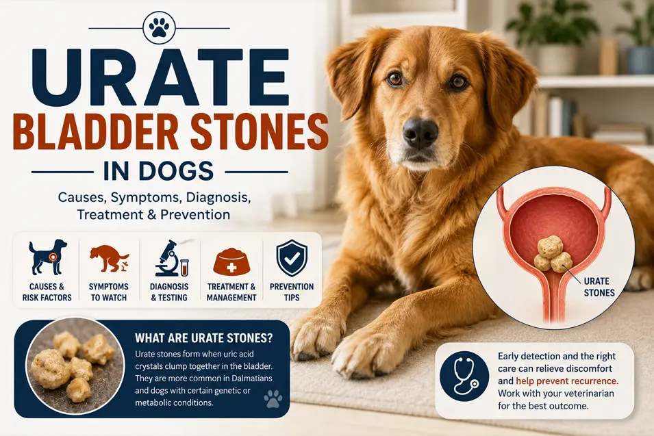 Infographic explaining urate bladder stones in dogs, covering symptoms, diagnosis, treatment, prevention, and a bladder illustration beside a healthy dog.
