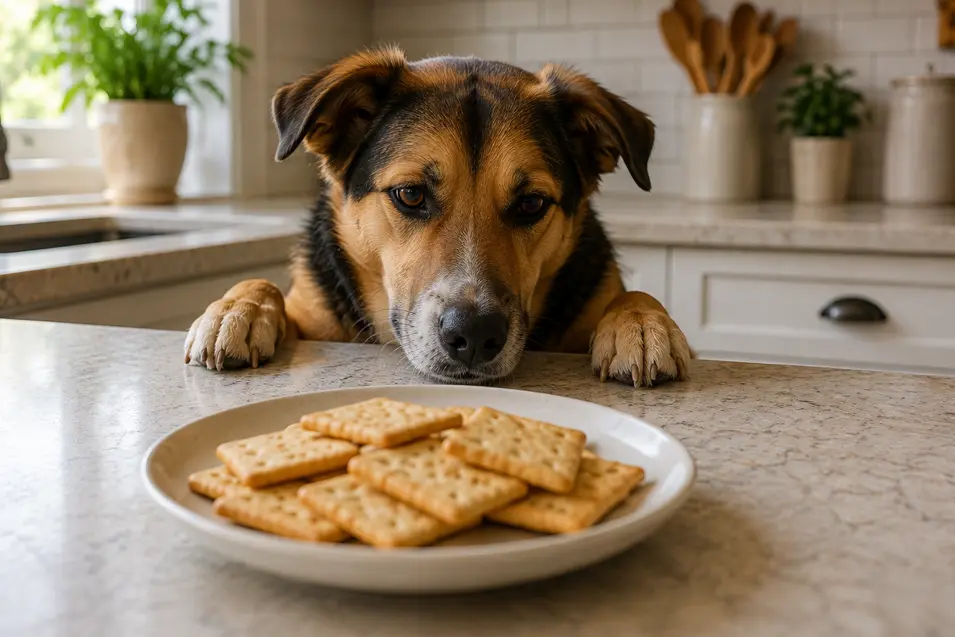 A curious dog peers over a kitchen counter at a plate of crackers, looking eager for a taste.