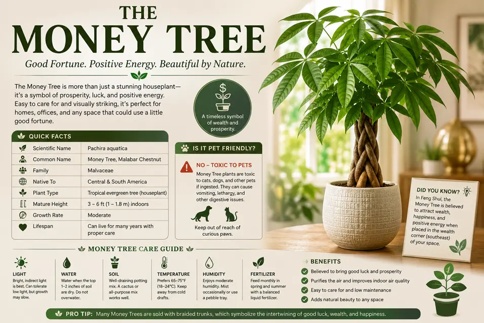 Informative Money Tree infographic featuring scientific name, pet safety, care tips, growth facts, and benefits beside a lush braided indoor plant.