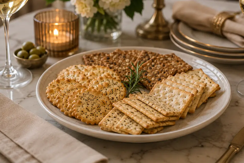 Assorted crackers arranged on an elegant plate atop a fancy table with flowers, candles, glassware, and gold accents.