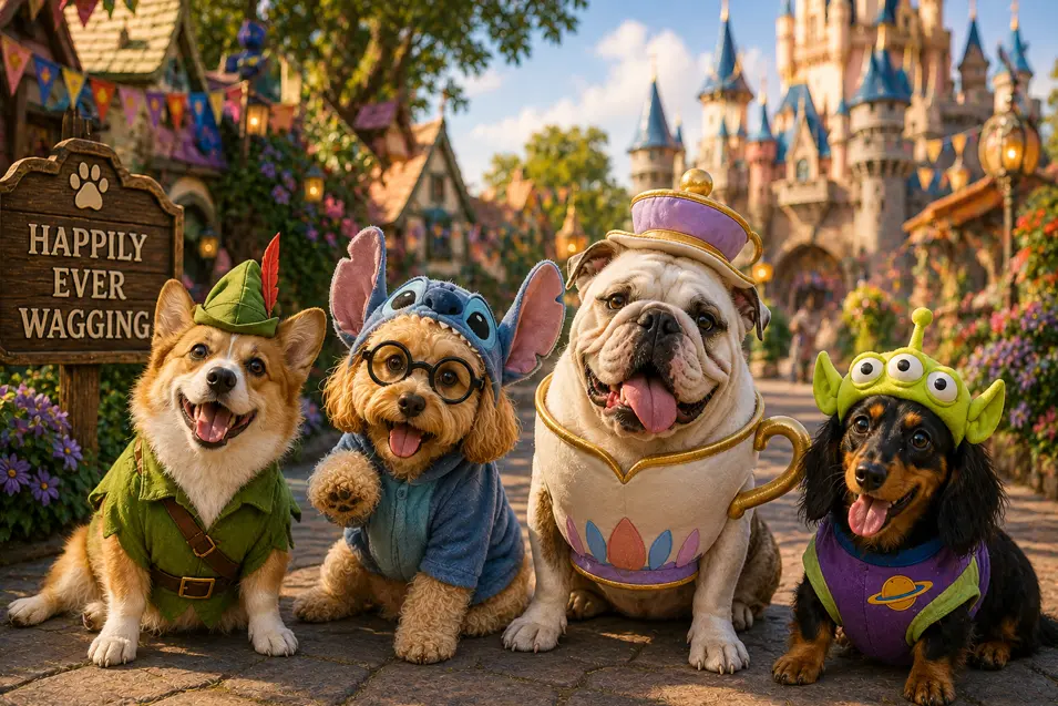 Four cheerful dogs in playful storybook costumes pose along a colorful fairytale village path beneath a “Happily Ever Wagging” sign.