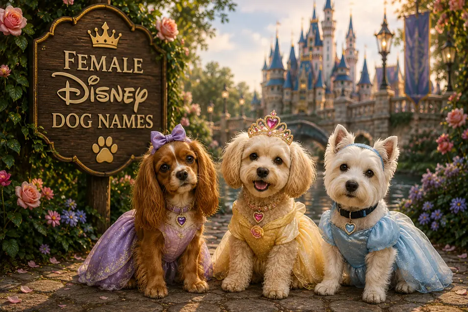 Three adorable dogs dressed as princesses pose in a magical flower garden before a fairytale castle for “Female Disney Dog Names.”