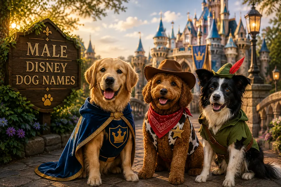 Three adorable dogs in Disney-inspired costumes pose before a fairytale castle beside a “Male Disney Dog Names” sign.