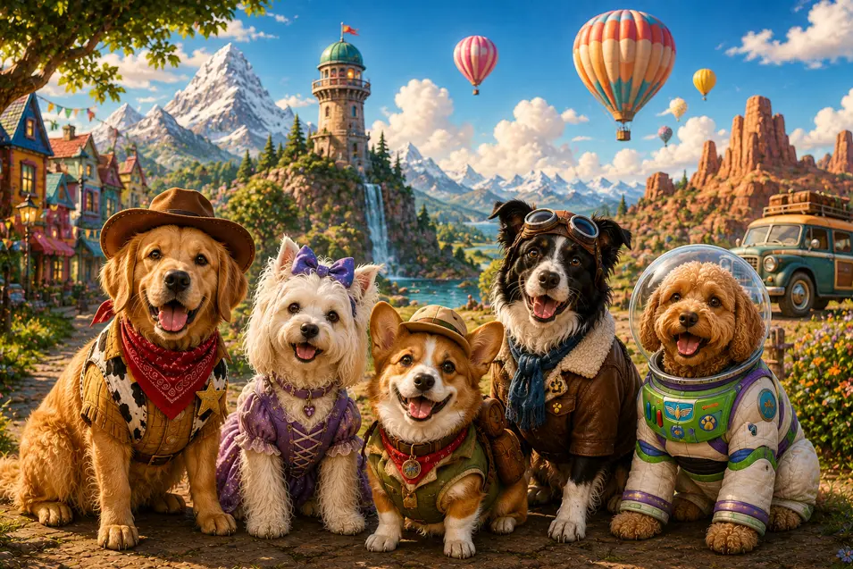 Five cheerful dogs in colorful adventure costumes pose against a whimsical landscape of mountains, hot-air balloons, and desert scenery.