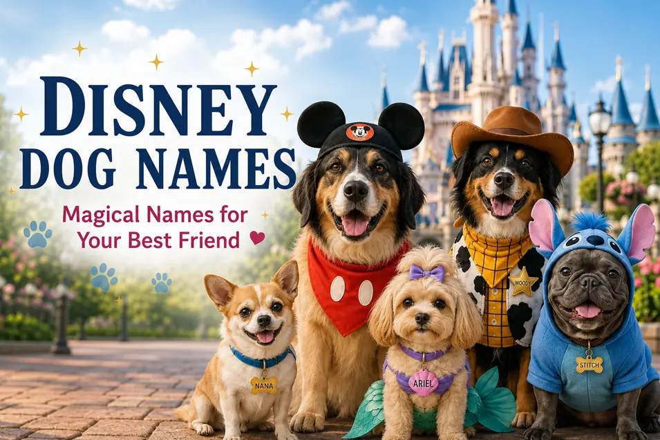 Five dogs dressed as beloved Disney characters pose in front of a magical castle for a colorful Disney dog names feature.