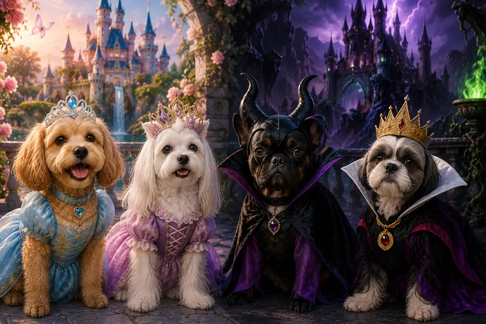 Four dogs dressed as fairytale princesses and villains pose between a bright enchanted castle and a dark, stormy kingdom.