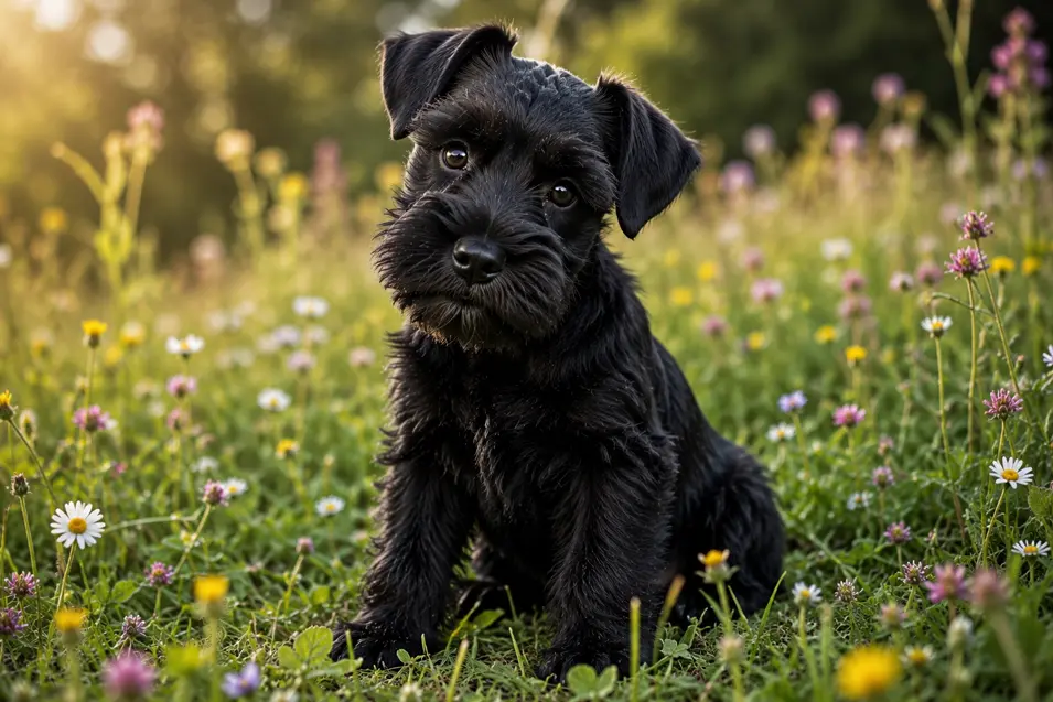 Black Miniature Schnauzer puppy sitting in a wildflower meadow at golden hour, with expressive eyes, a classic beard, and a charming head tilt.