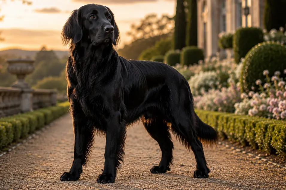 Black Flat-Coated Retriever standing proudly in an elegant estate garden at sunset, with a glossy black coat, graceful posture, and timeless charm.