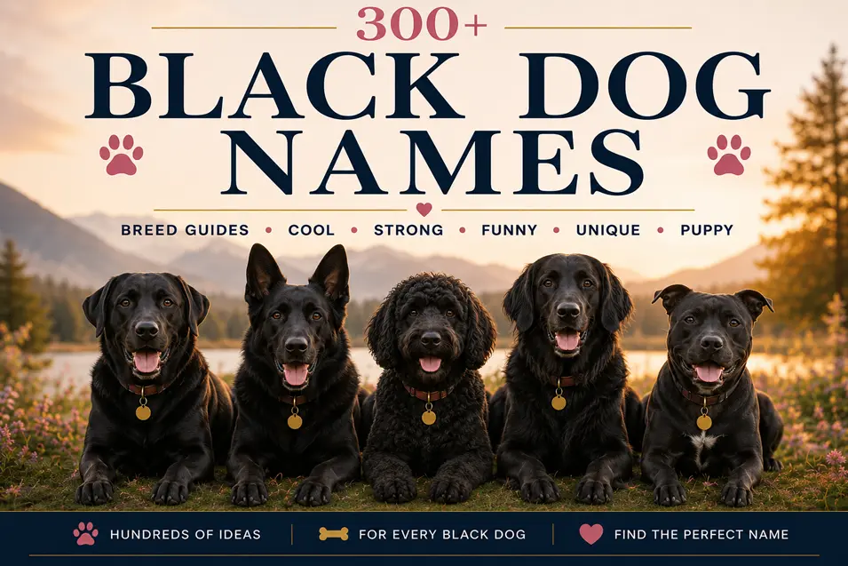 Five black dogs of different breeds sit together at sunset beneath the title “300+ Black Dog Names,” showcasing breed guides, cool, strong, funny, and unique ideas.