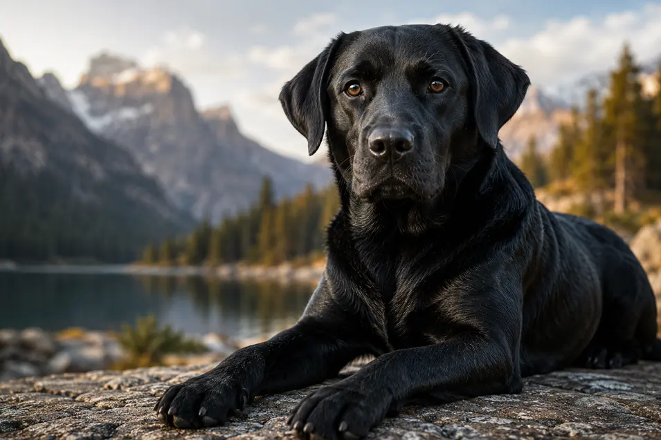 Black Labrador Retriever resting on a rocky lakeshore with majestic mountains in the background, captured in warm golden-hour light with stunning natural detail.