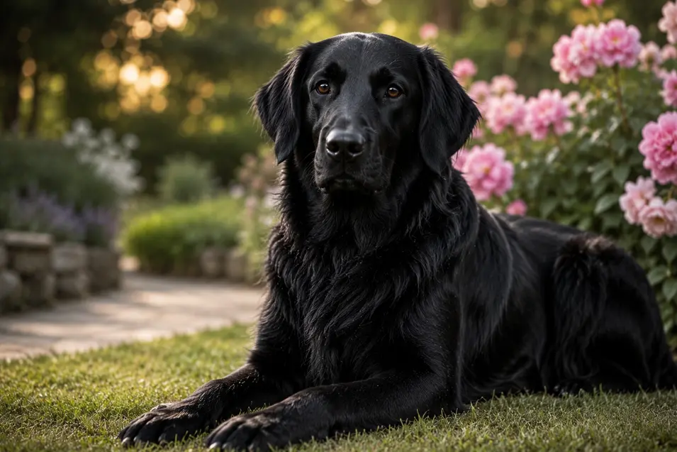 Black Flat-Coated Retriever relaxing in a blooming garden, featuring a sleek black coat, gentle expression, and vibrant pink flowers in soft evening light.
