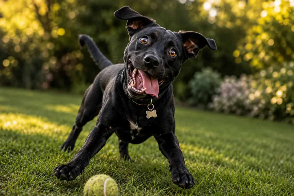 Happy black mixed-breed dog playfully chasing a tennis ball across a sunny lawn, with bright eyes, floppy ears, and an energetic, joyful expression.