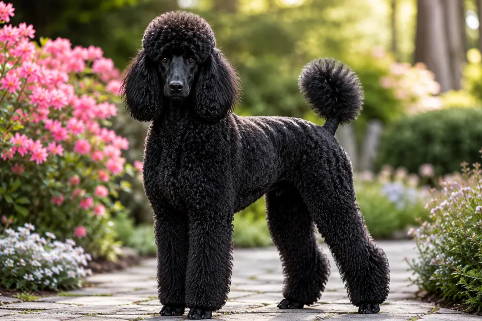 Black Standard Poodle standing proudly on a garden path, showcasing its elegant trim, glossy black coat, and graceful posture among colorful flowers.