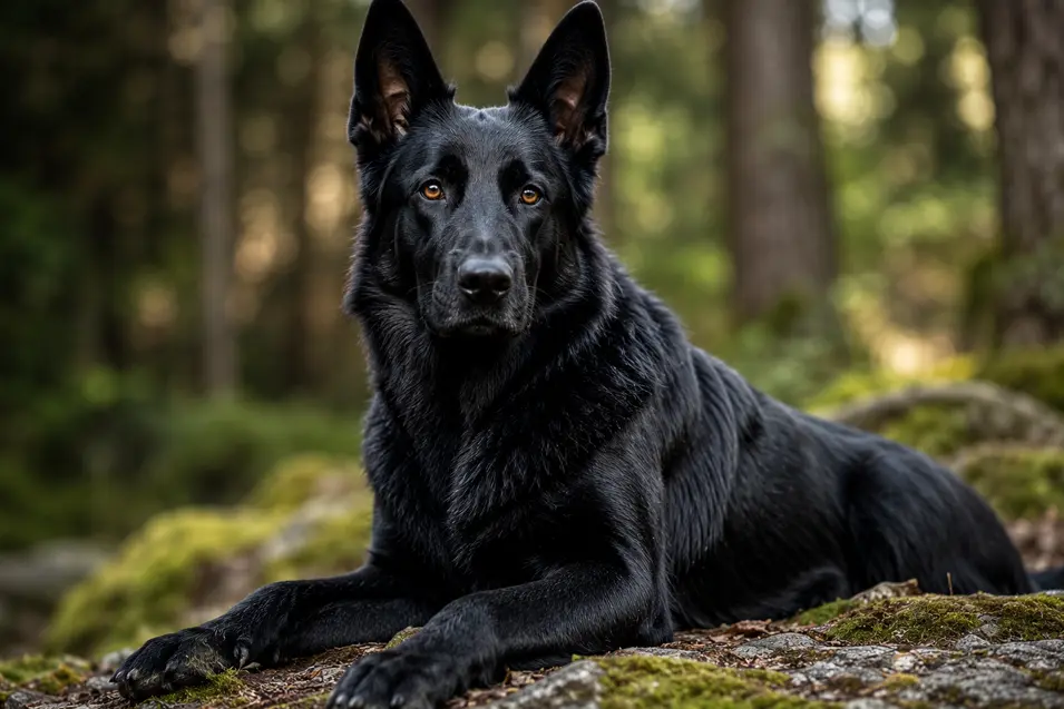 Black German Shepherd lying on a mossy forest floor, alert and focused, with a glossy black coat and soft woodland background in natural light.
