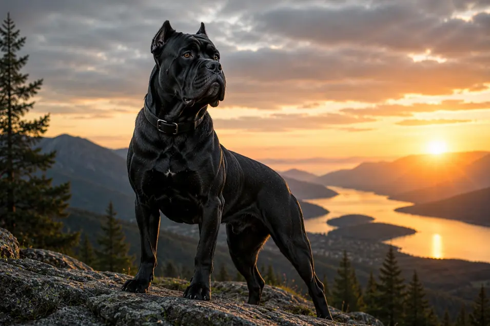 Black Cane Corso standing proudly on a rocky mountain overlook at sunset, with a powerful build, glossy coat, and breathtaking valley views behind.
