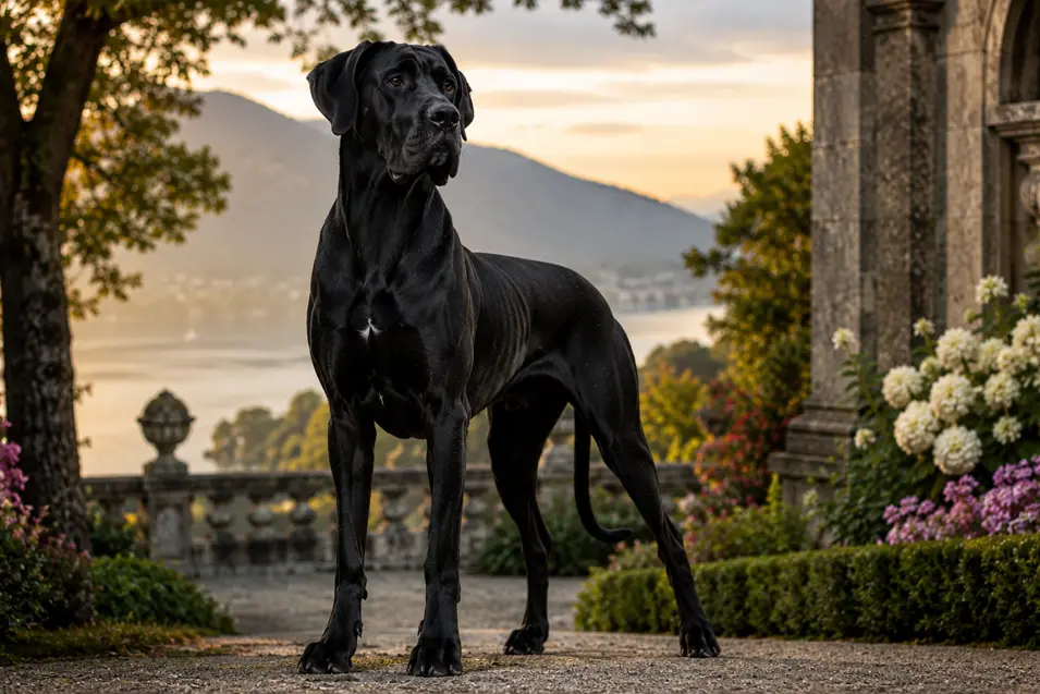 Black Great Dane standing proudly in an elegant lakeside estate garden at sunset, showcasing its sleek coat, towering stature, and regal presence.