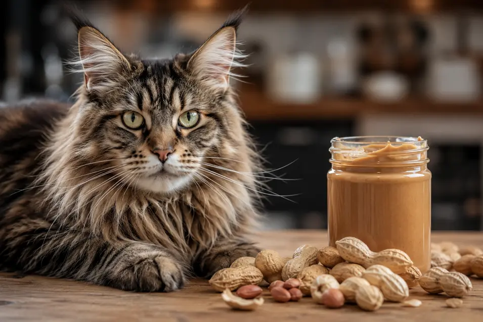 Photorealistic Maine Coon cat beside a jar of peanut butter and scattered peanuts on a rustic table, with soft natural light and a warm, cozy kitchen backdrop.