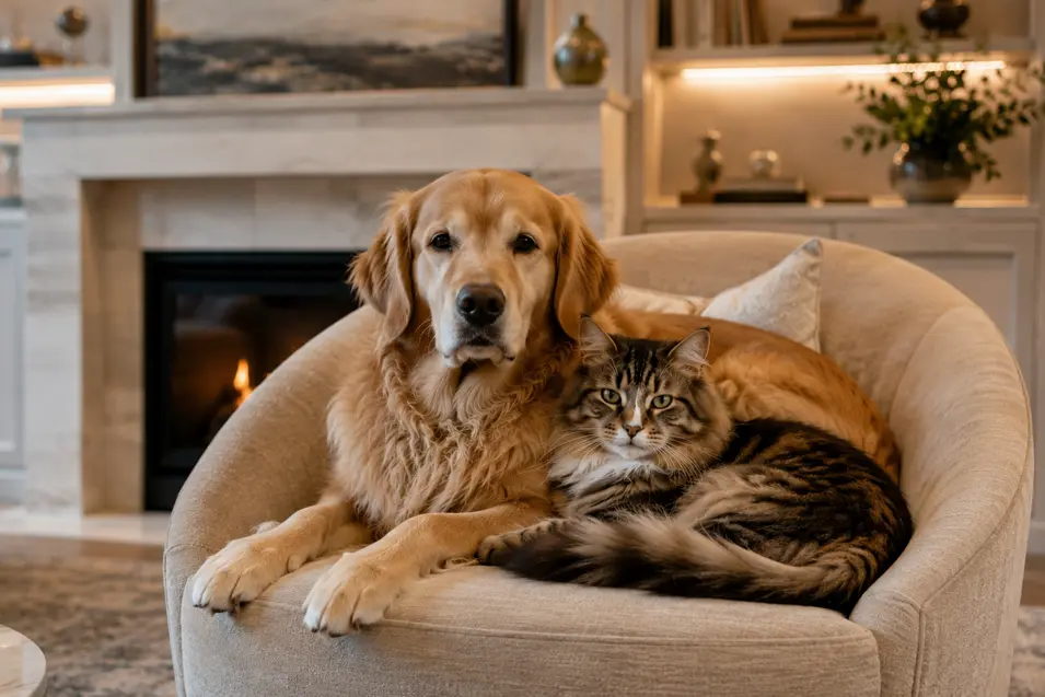 Golden retriever and fluffy tabby cat cuddled together in an armchair in an elegant living room with a fireplace.
