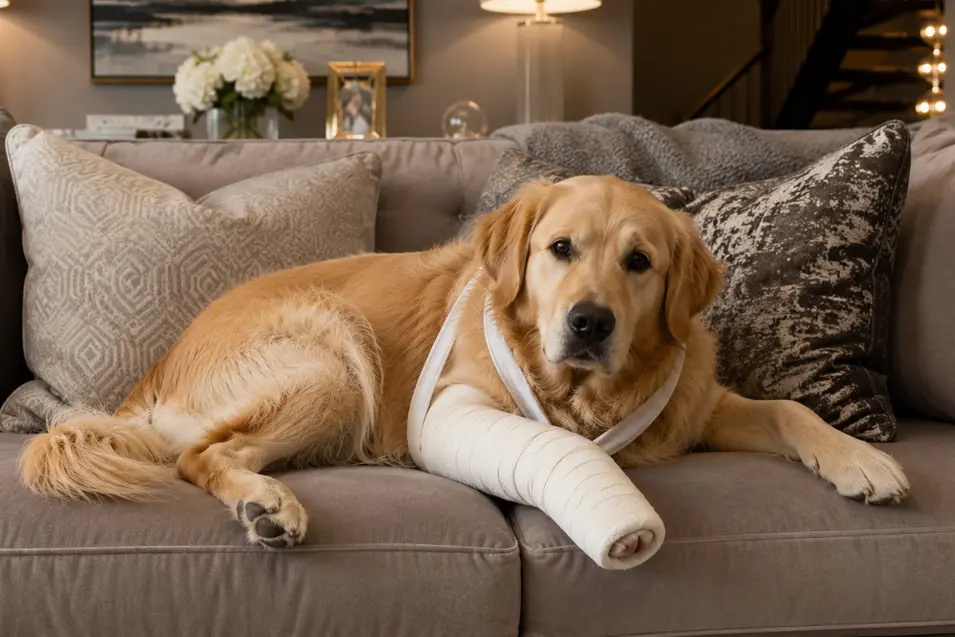 Golden retriever with a bandaged front leg resting on a plush sofa in an elegant, high-end living room.