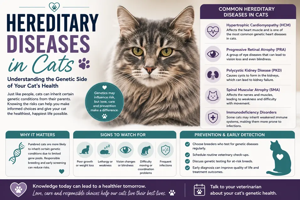 Infographic explaining hereditary diseases in cats, covering common genetic conditions, warning signs, prevention and early detection with a cat portrait.