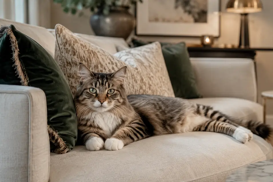 Relaxed tabby cat lounging on a luxurious cream sofa in an elegant living room with rich fabrics, warm lighting and sophisticated décor.