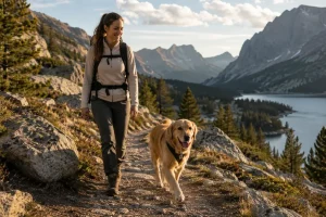 Woman hiking with her golden retriever on a mountain trail overlooking a lake and rugged wilderness landscape.