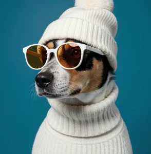 dog in a white hat, sweater and glasses