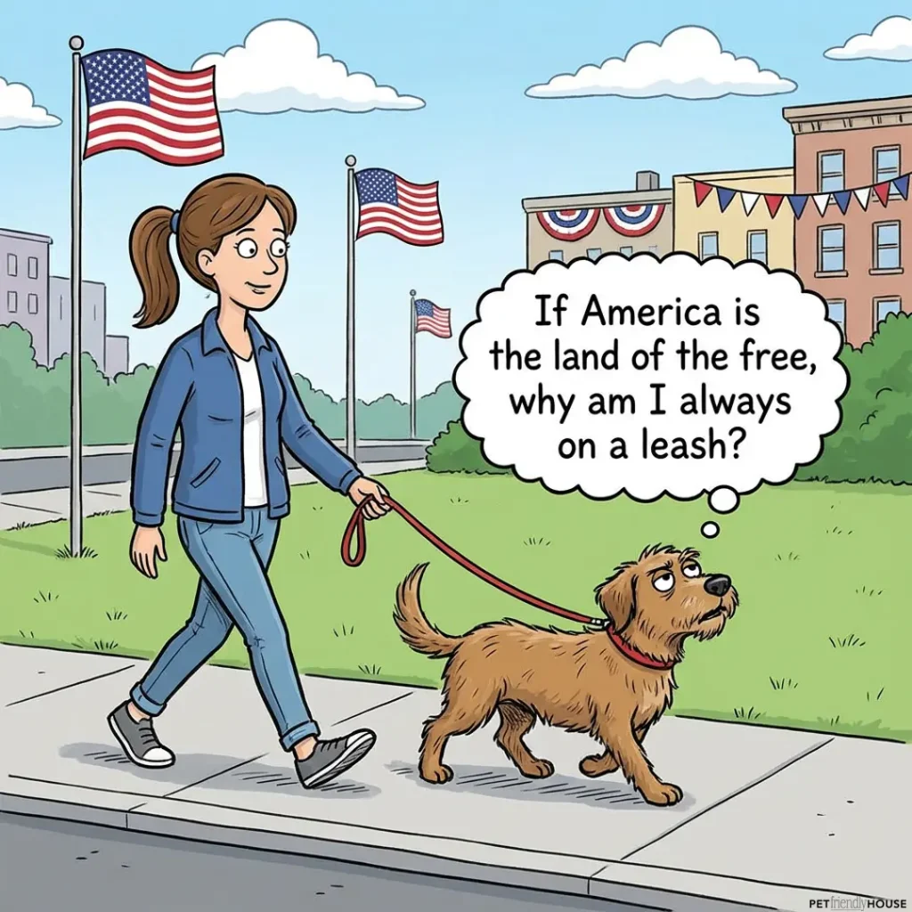 Humorous cartoon of a woman walking a dog on a leash past American flags. The dog thinks, 'If America is the land of the free, why am I always on a leash?