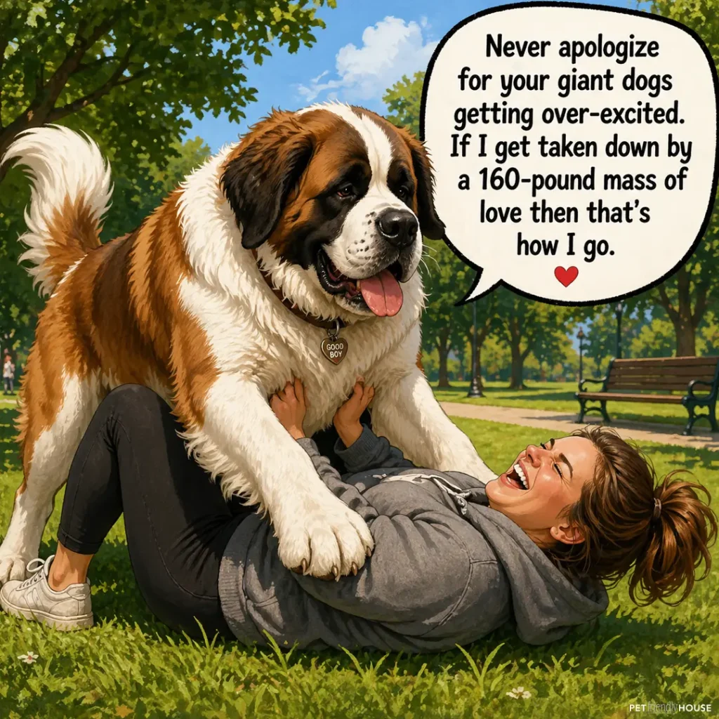 Humorous illustration of a giant Saint Bernard dog playfully knocking a laughing woman onto the grass in a park. A speech bubble reads: 'Never apologize for your giant dogs getting over-excited. If I get taken down by a 160-pound mass of love then that's how I go.