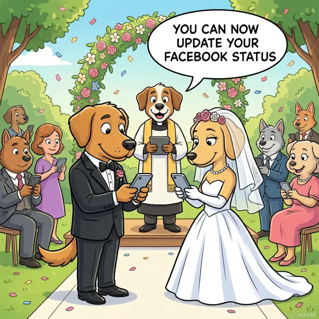 Humorous cartoon wedding with dog characters. The bride and groom stand at the altar looking at their phones while the officiant says, 'You can now update your Facebook status.