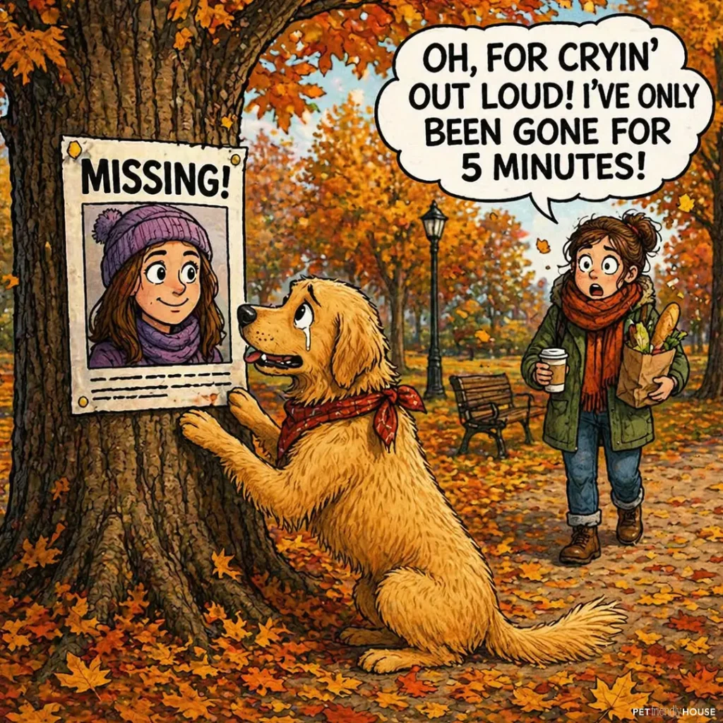 Humorous illustration of a golden retriever posting a missing-person flyer in an autumn park while its owner returns with groceries. A speech bubble reads: 'Oh, for cryin' out loud! I've only been gone for 5 minutes!'