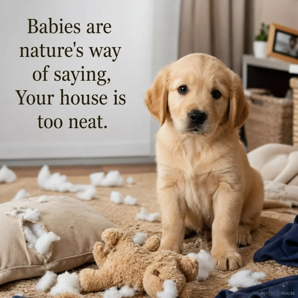 Humorous image of a golden retriever puppy sitting in a messy room surrounded by stuffing from torn toys and a ripped pillow. Text reads: 'Babies are nature's way of saying, Your house is too neat.