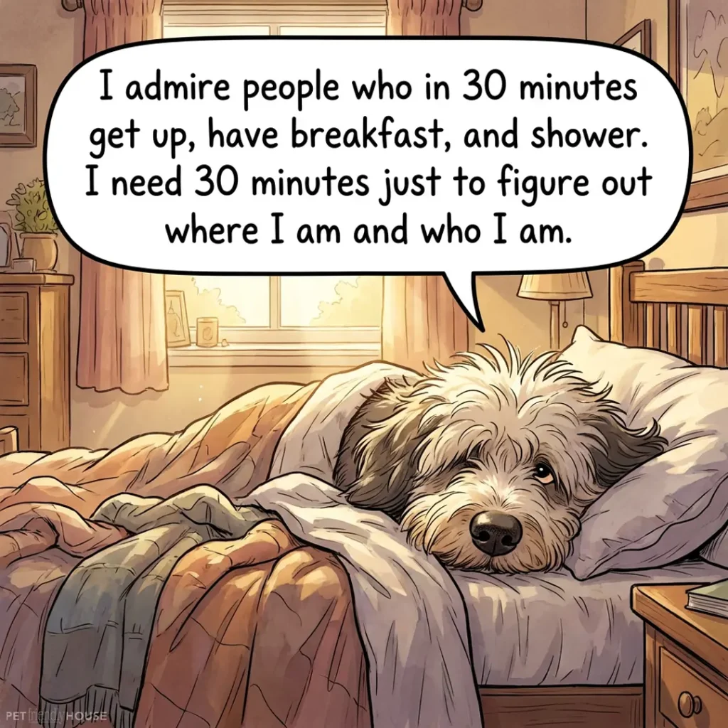 Humorous illustration of a sleepy shaggy dog lying in bed under blankets. A speech bubble reads: 'I admire people who in 30 minutes get up, have breakfast, and shower. I need 30 minutes just to figure out where I am and who I am.