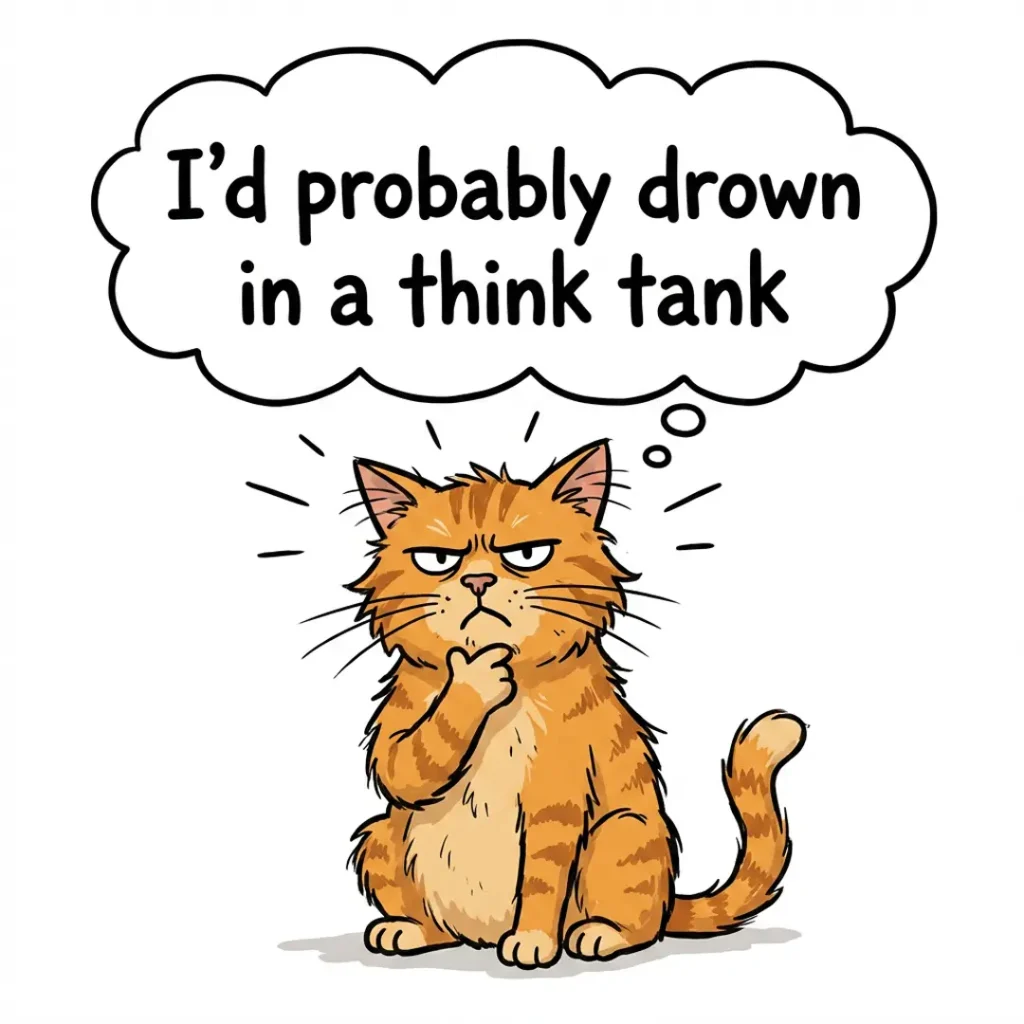 Humorous cartoon of a thoughtful orange cat stroking its chin. A thought bubble reads: 'I'd probably drown in a think tank.