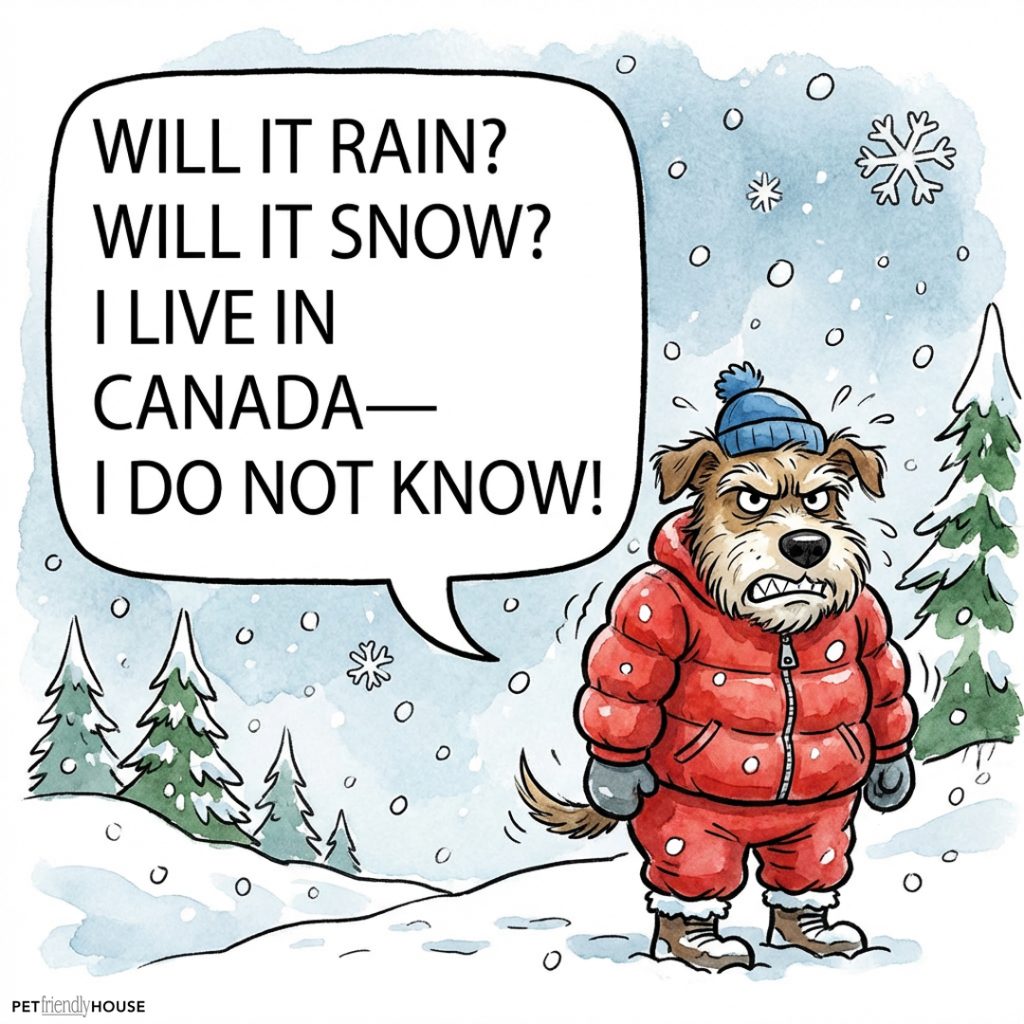 Humorous cartoon of a bundled-up dog standing in a snowy landscape. A speech bubble reads: 'Will it rain? Will it snow? I live in Canada—I do not know!'