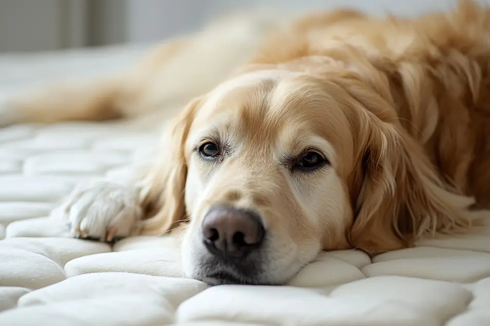 Dog laying on a mattress
