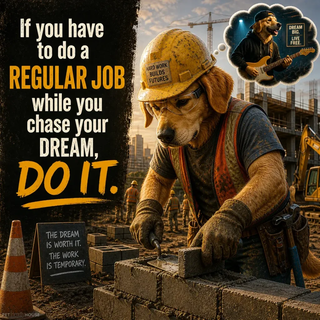 Motivational illustration of a golden retriever working construction at a building site while dreaming of being a musician. Text reads: 'If you have to do a regular job while you chase your dream, do it.