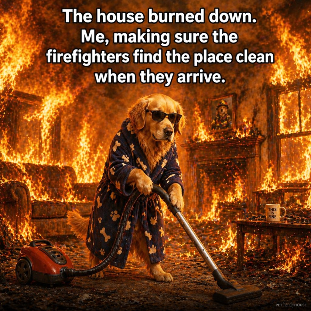 Humorous image of a golden retriever wearing a robe and sunglasses vacuuming a house that is completely engulfed in flames. Text reads: 'The house burned down. Me, making sure the firefighters find the place clean when they arrive.