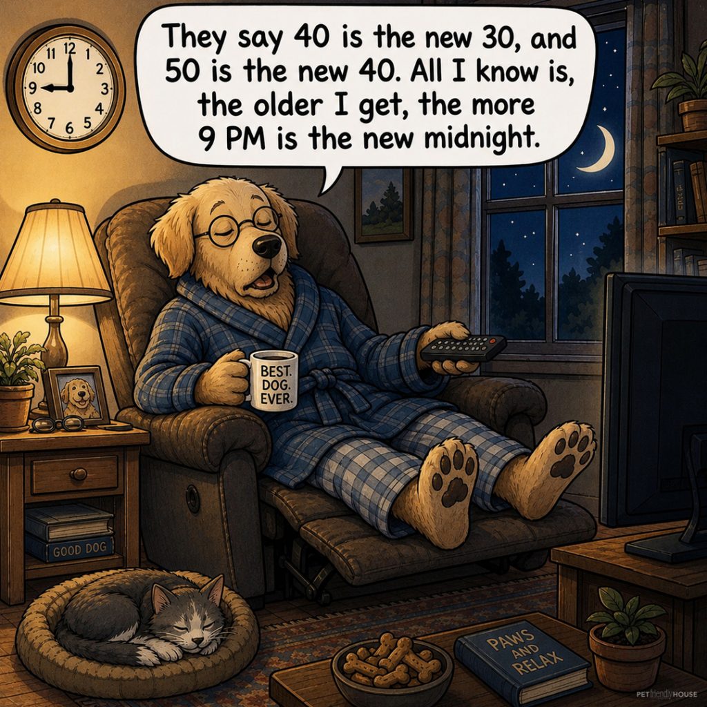 Humorous illustration of a sleepy dog in pajamas relaxing in a recliner at night with a TV remote and coffee mug. A speech bubble reads: 'They say 40 is the new 30, and 50 is the new 40. All I know is, the older I get, the more 9 PM is the new midnight.