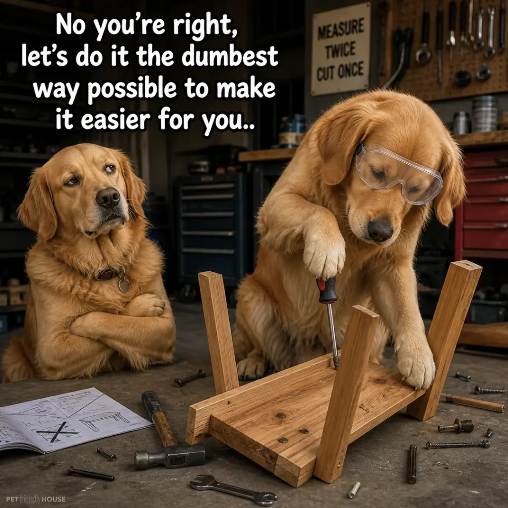 Humorous image of two golden retrievers assembling furniture in a workshop. One dog looks frustrated while the other uses a screwdriver. Text reads: 'No you're right, let's do it the dumbest way possible to make it easier for you.'