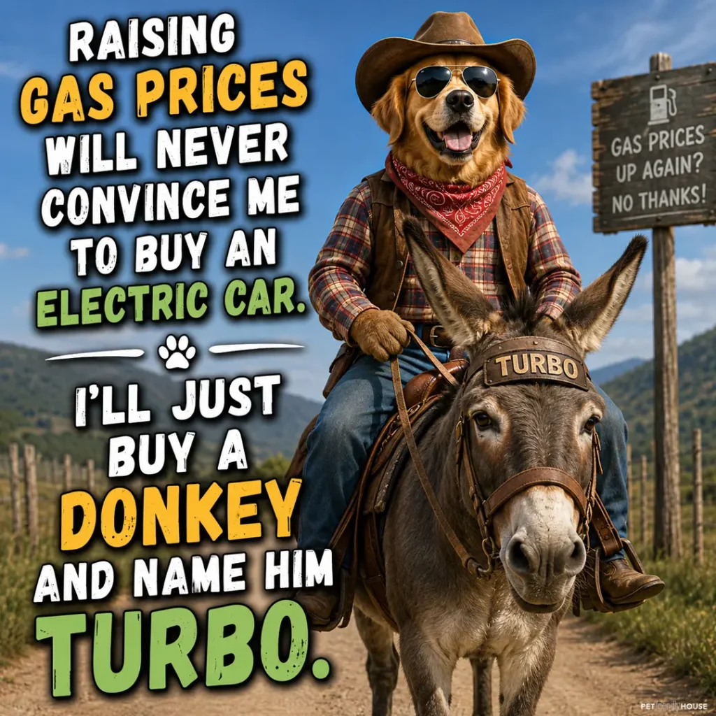 Humorous illustration of a Golden Retriever dressed as a cowboy riding a donkey named Turbo, with text joking about buying a donkey instead of an electric car