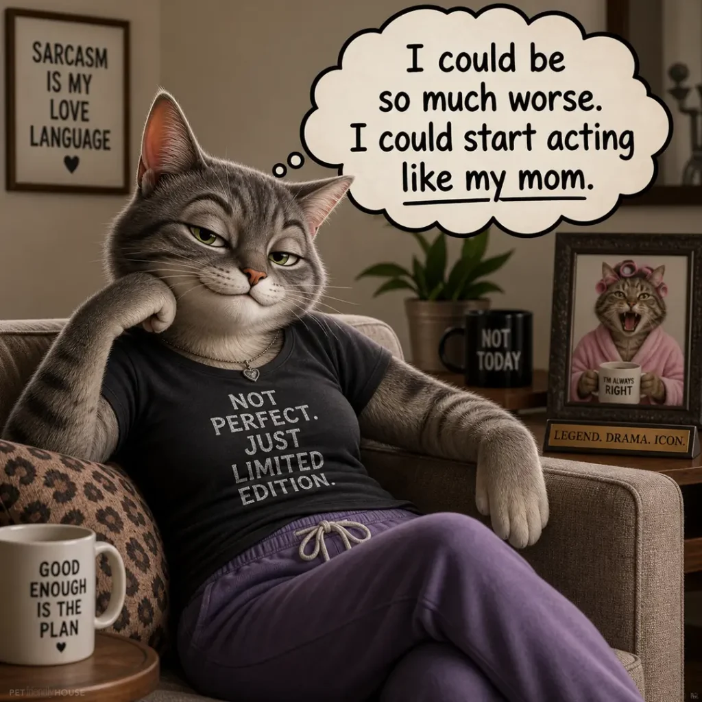Humorous illustration of a smug gray cat lounging on a couch in casual clothes. A thought bubble reads: 'I could be so much worse. I could start acting like my mom.