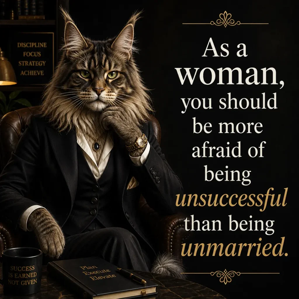 Business-suited Maine Coon cat with a motivational quote about prioritizing success over marriage.